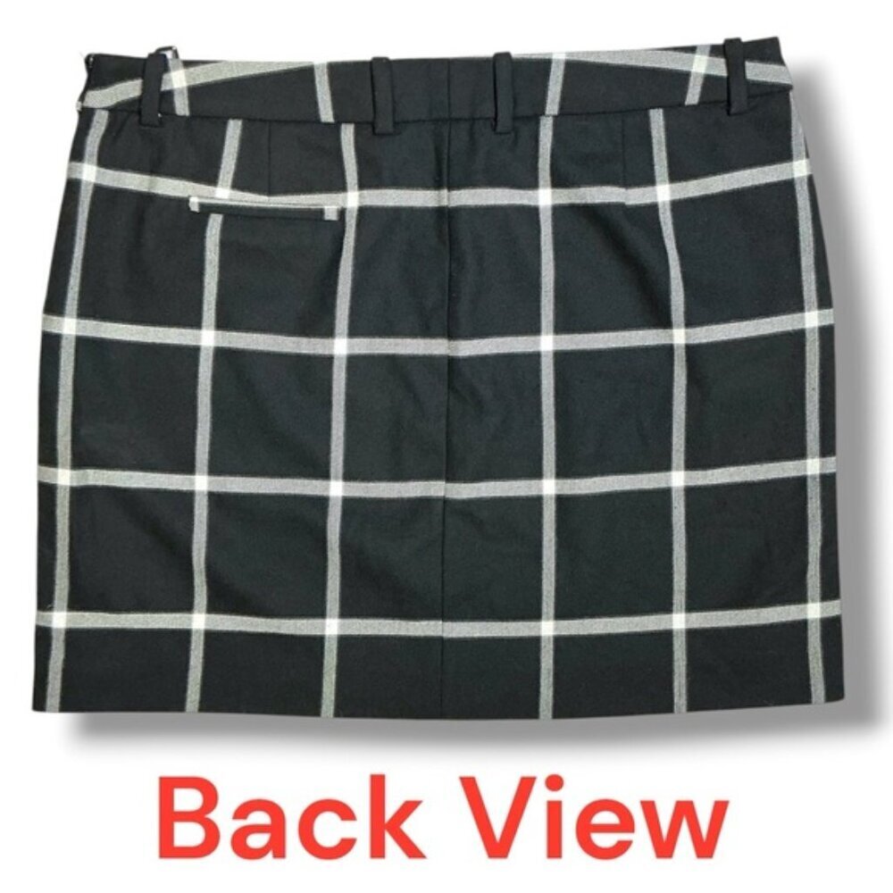 MNG Windowpane Plaid Skirt Faux Leather Trim Pockets Black White Gray Size 10 - Picture 2 of 15